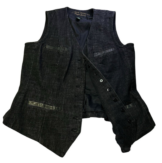 Ralph Lauren Jeans Co. Denim Vest Womens Medium Black Button Front Leather Trim