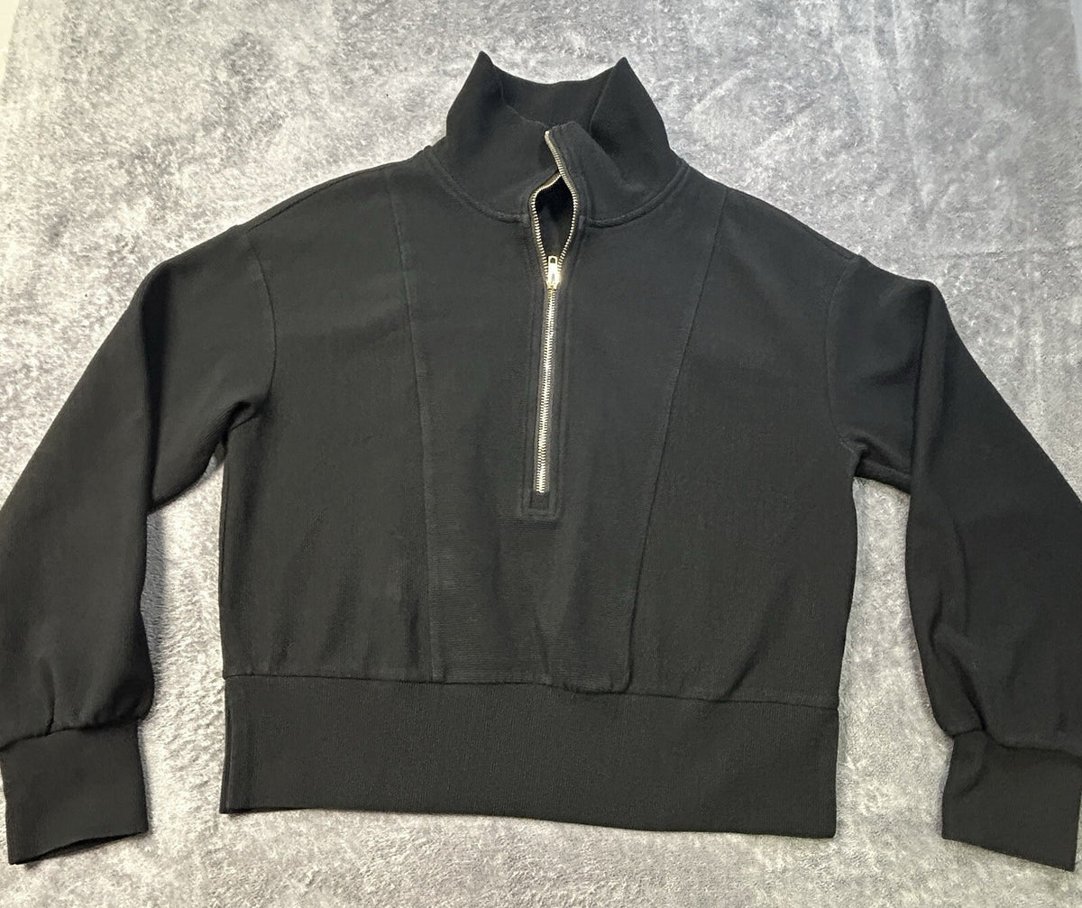 Caracilia Ribbed Quarter Zip Pullover Top Small Black