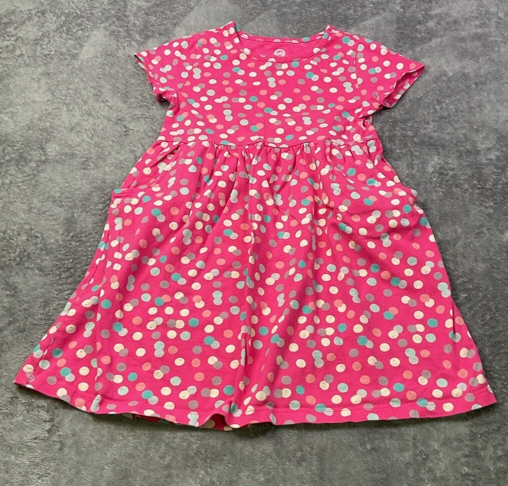 Wonder Nation Girls Pink Polka Dot Dress Size 5T Short Sleeve Pockets Cotton