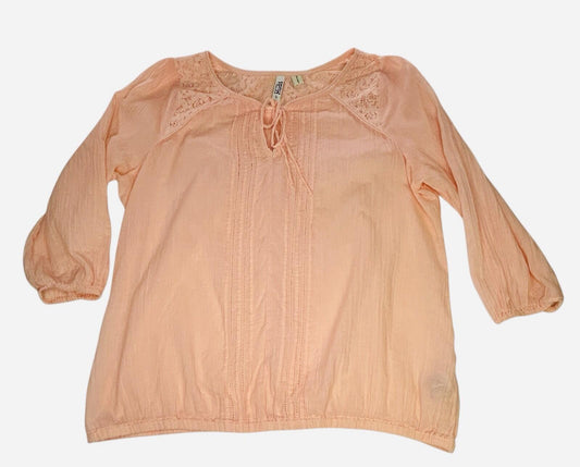 Mudd Womens Large Peach Boho Peasant Blouse Lace 3/4 Sleeve Cotton Top