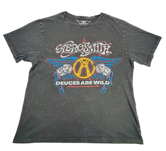 Aerosmith Deuces Are Wild Graphic Band T Shirt Mens XS Black Distressed Rock Tee