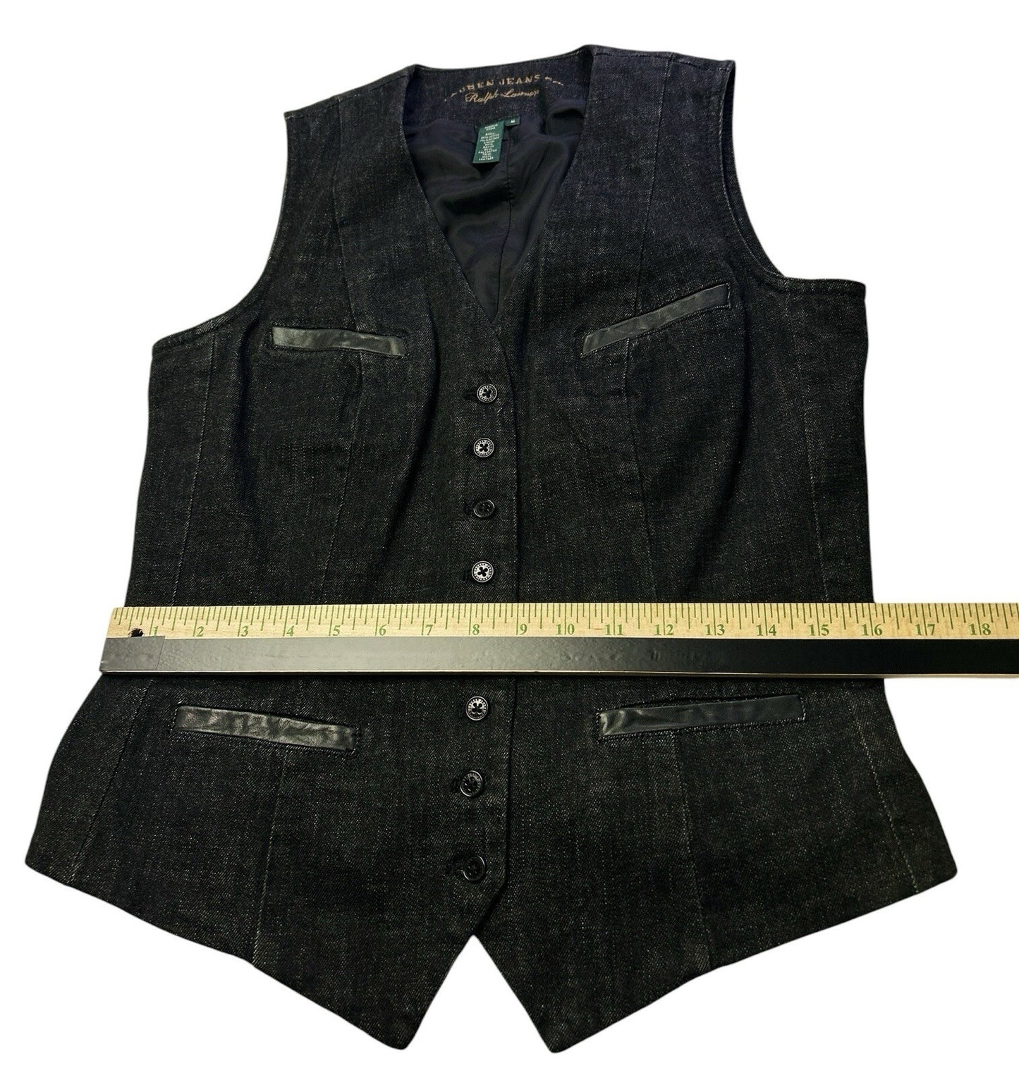 Ralph Lauren Jeans Co. Denim Vest Womens Medium Black Button Front Leather Trim