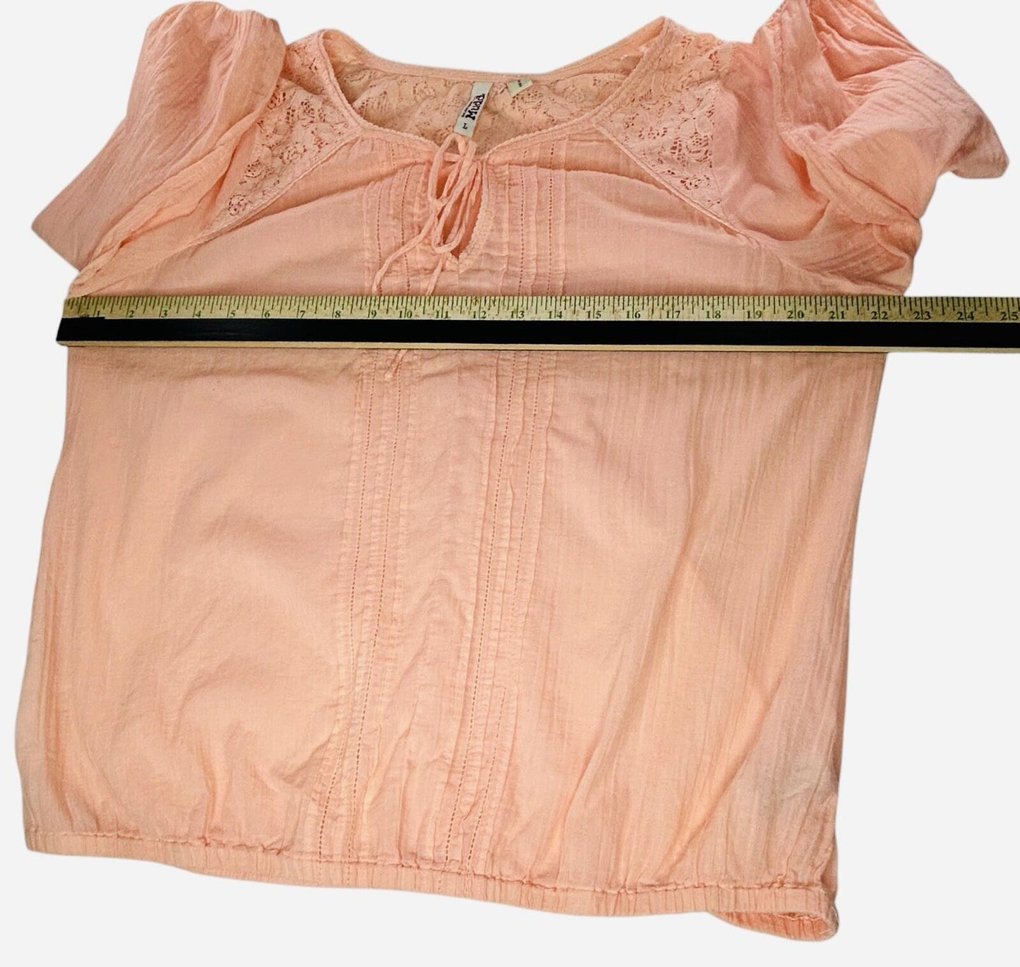 Mudd Womens Large Peach Boho Peasant Blouse Lace 3/4 Sleeve Cotton Top