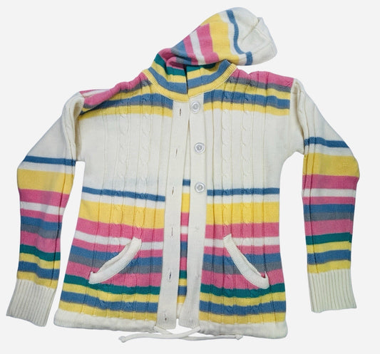 Women's Hooded Cable Knit Cardigan Sweater Pastel Stripe Button Front Pockets