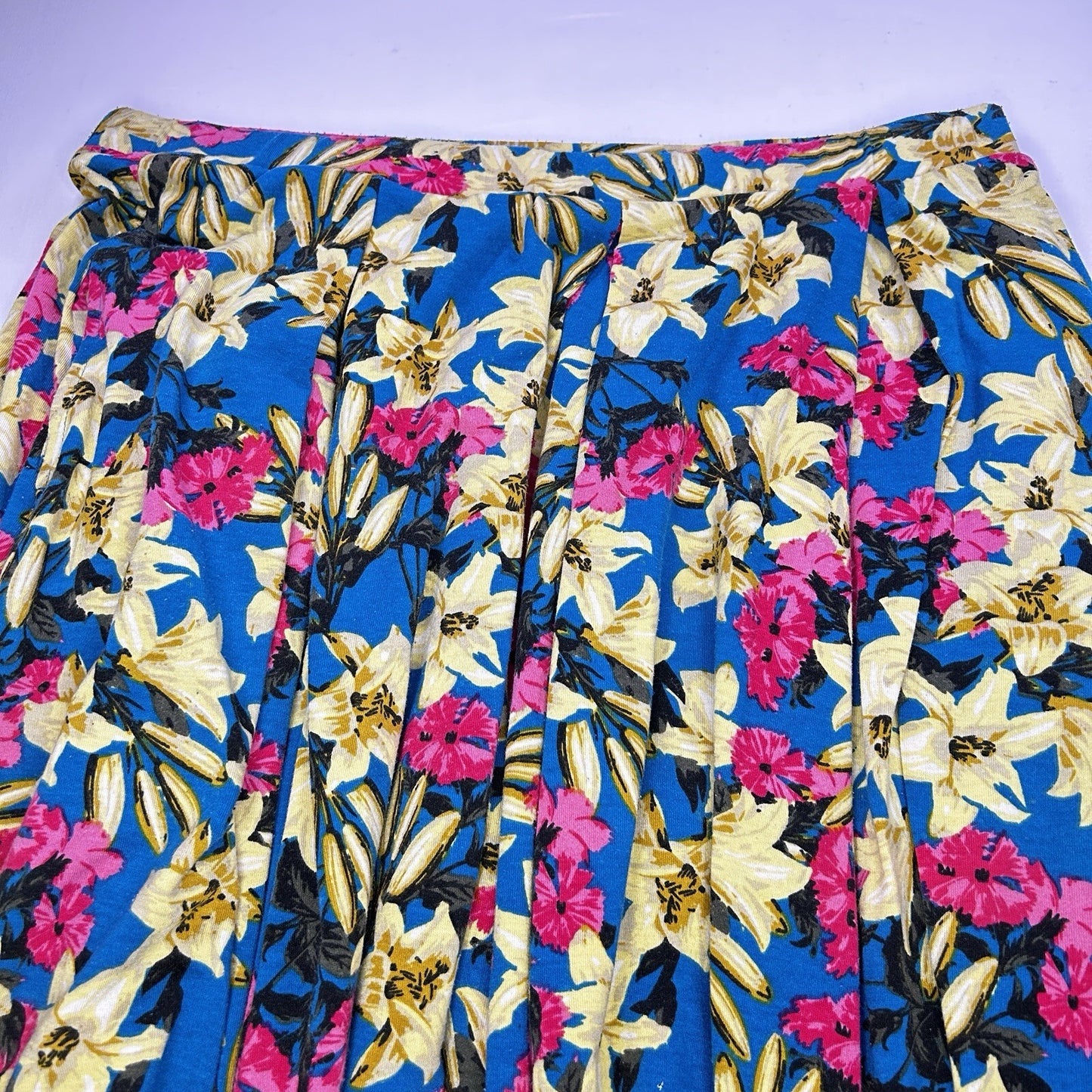 LuLaRoe XL Floral A-Line Skirt Blue Yellow Pink Pull On Stretch Midi Women's