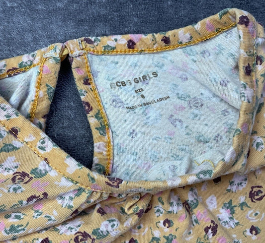 BCBG Girls Floral Long Sleeve Top Mustard Yellow Size 8 Keyhole Back Boho