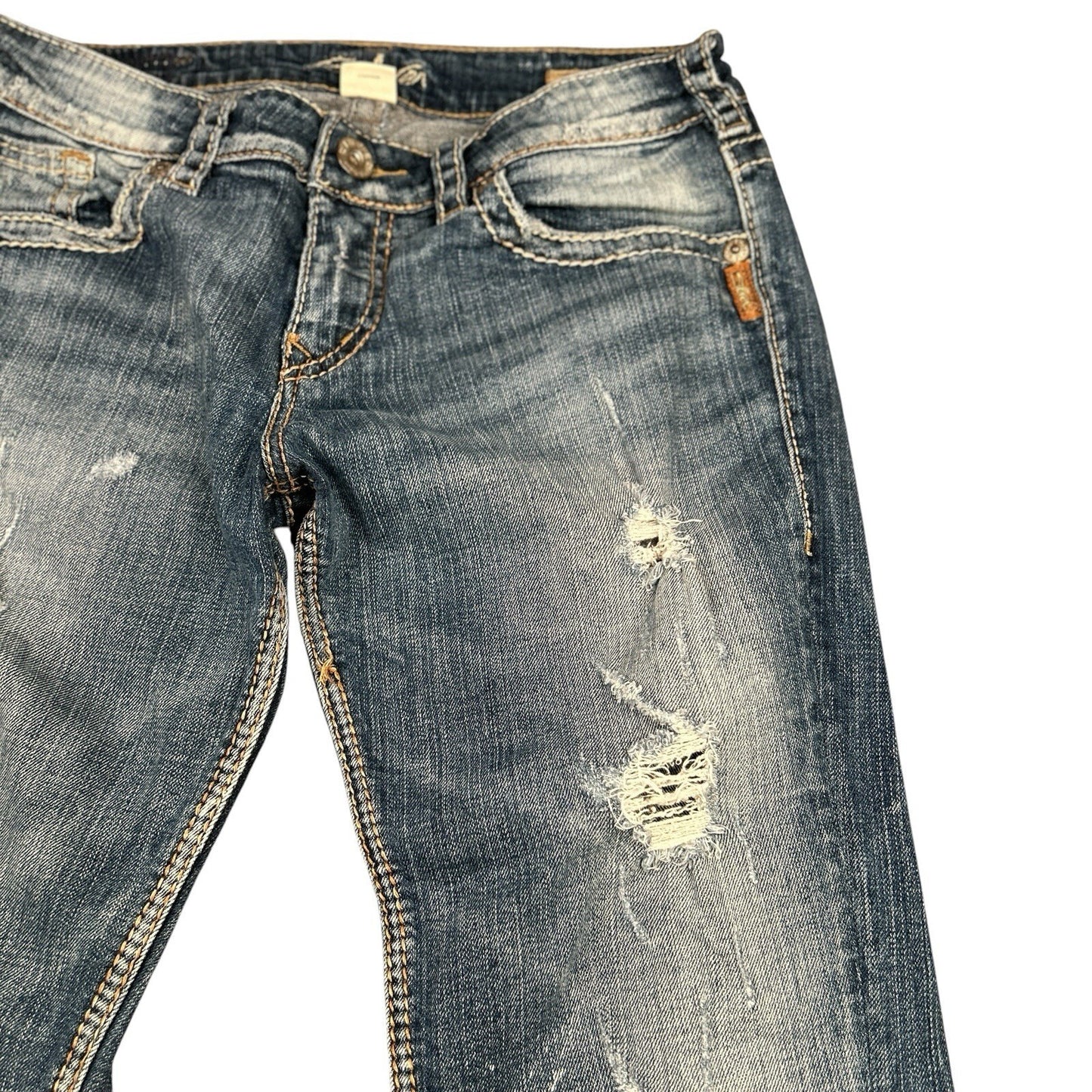 Silver Jeans Sam Womens 28 Low Rise Distressed Bootcut Jeans Medium Wash