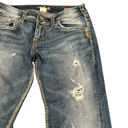 Silver Jeans Sam Womens 28 Low Rise Distressed Bootcut Jeans Medium Wash