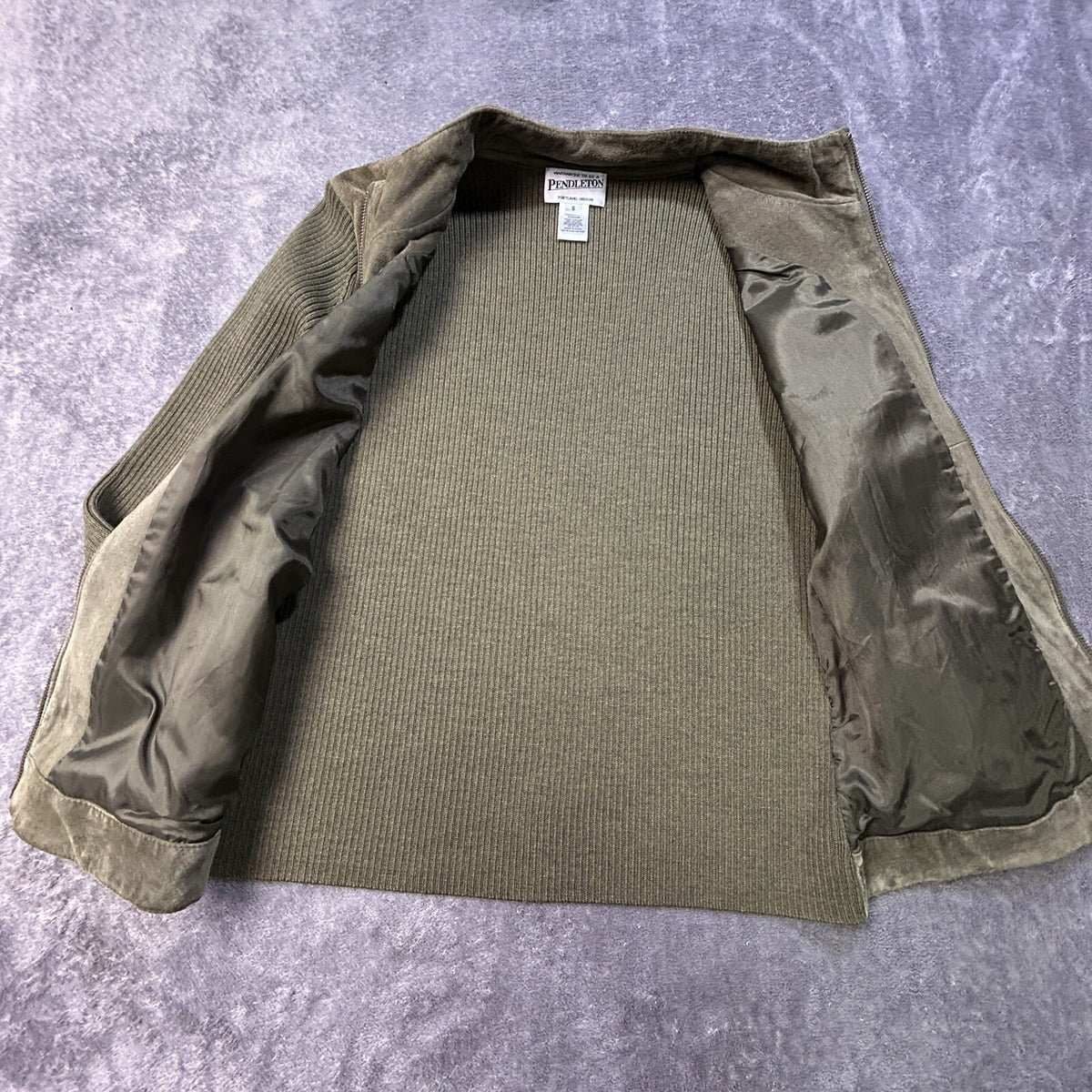 Pendleton Leather Merino Wool Zip Jacket Olive S