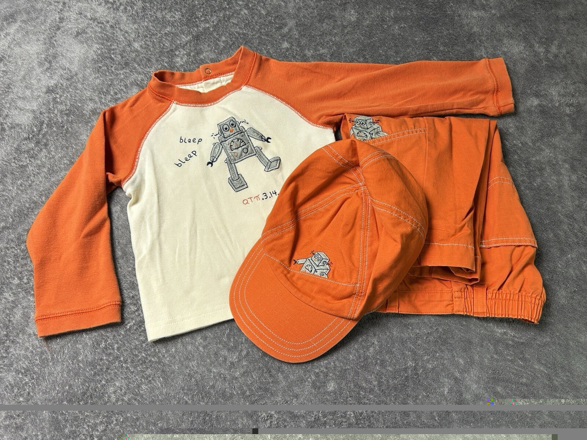 Gymboree Boys 3 Pc Outfit Set 12-24M Robot Shirt Pants Hat Orange Toddler