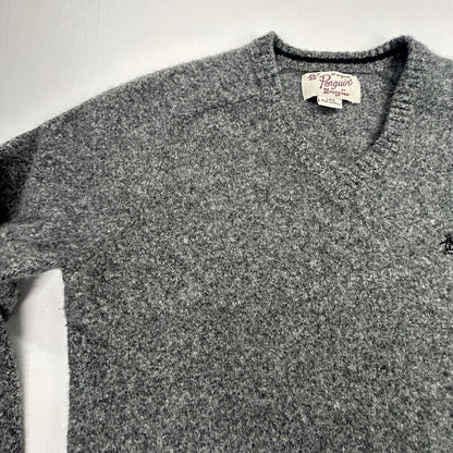 Original Penguin 100% Lambswool Gray V-Neck Sweater Men's Large Logo Soft