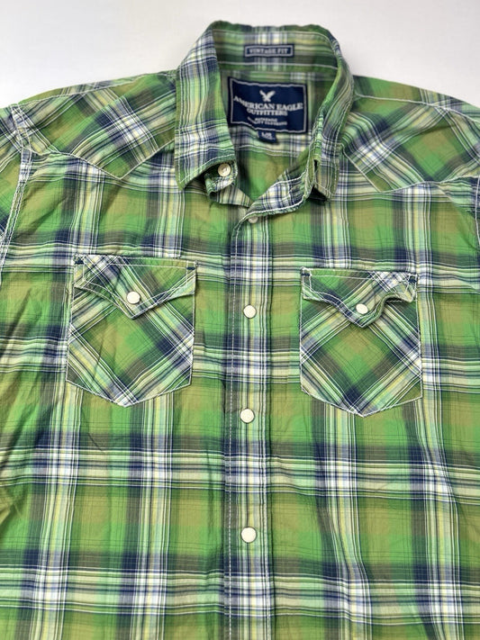 American Eagle Vintage Fit Men’s L Green Plaid Western Pearl Snap Shirt