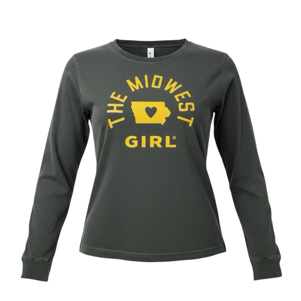 The Midwest Girl Iowa Long Sleeve Graphic T Shirt Charcoal Gray Women’s Small