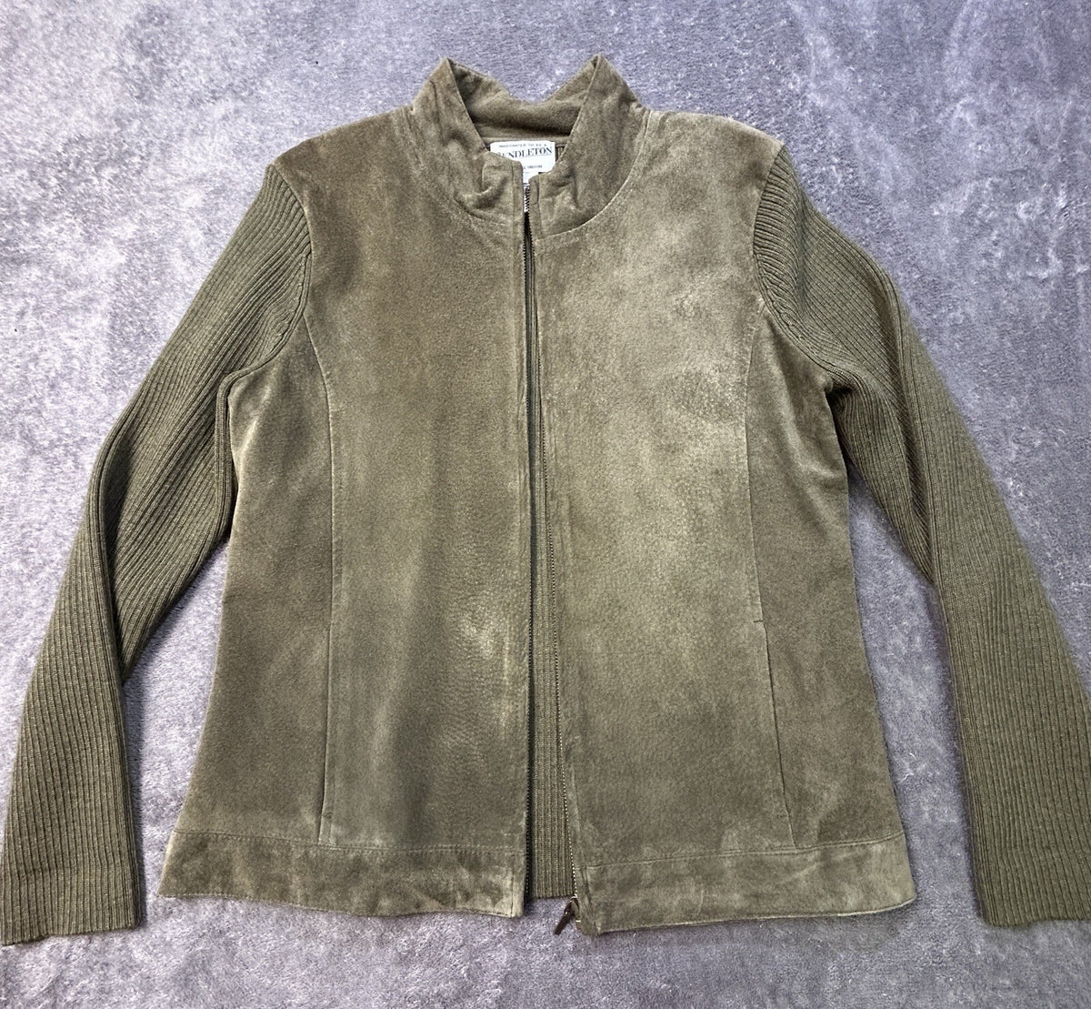 Pendleton Leather Merino Wool Zip Jacket Olive S