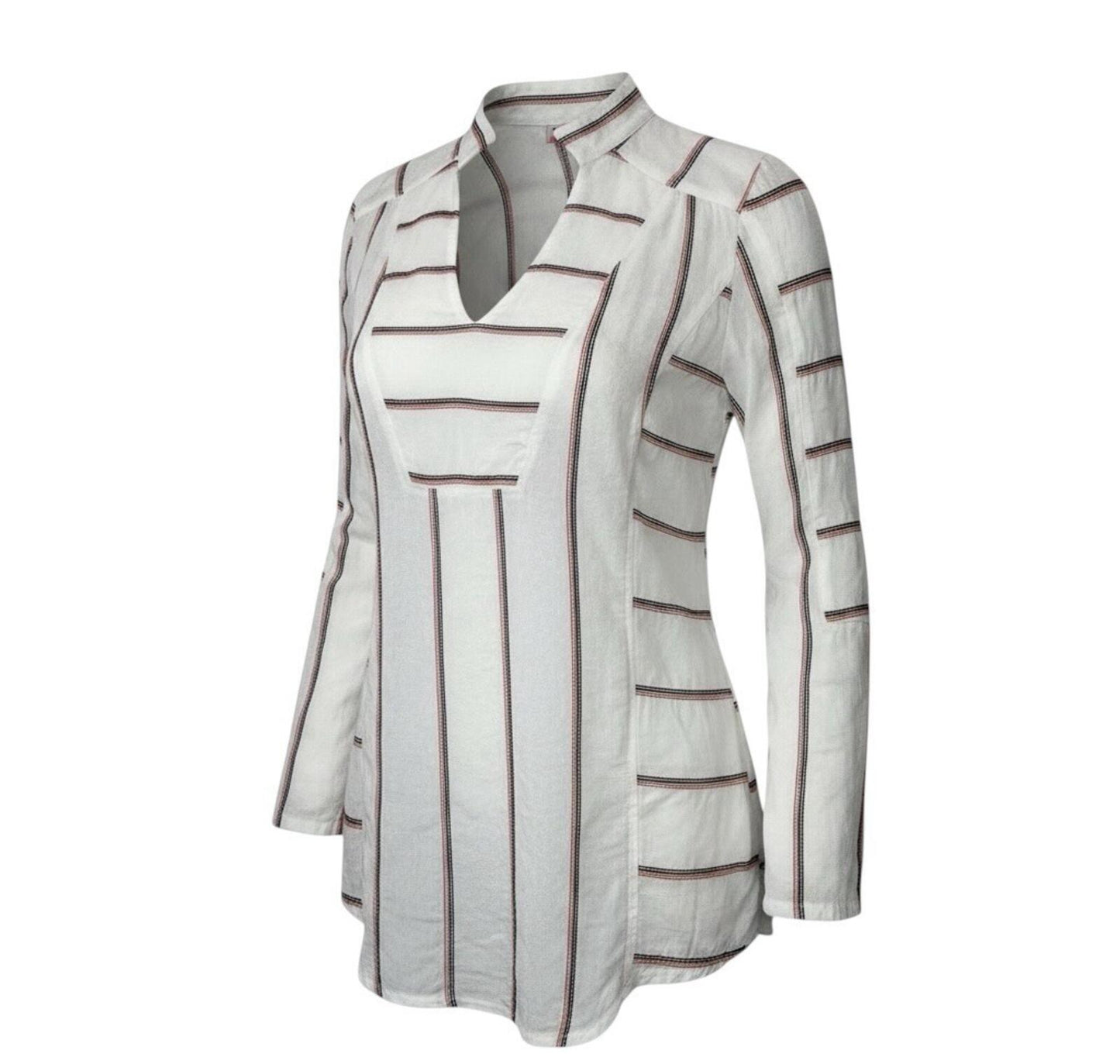 Plenty By Tracy Reese XS White Stripe Tunic Blouse Long Sleeve Popover Top Boho
