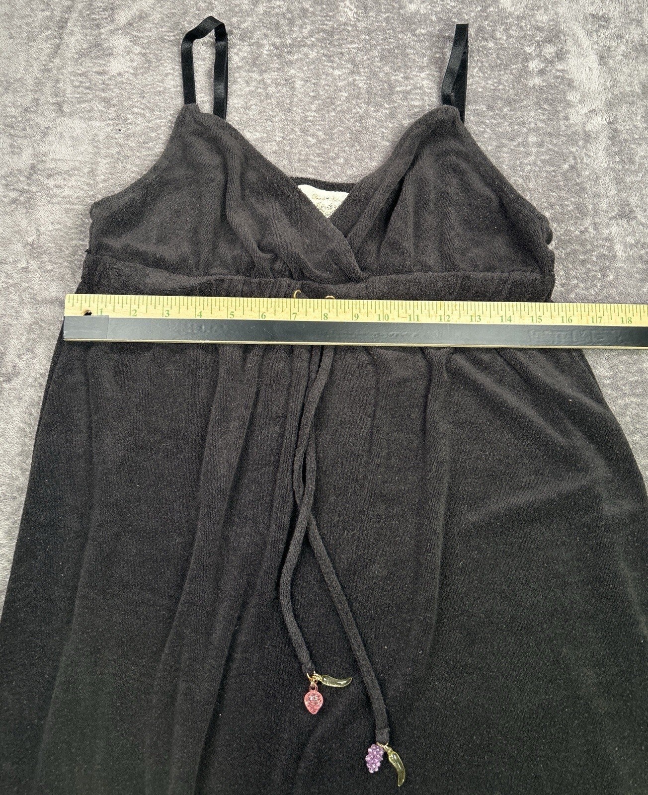 Womens Black Terry Cloth Swim Cover Up Dress Spaghetti Strap Fruit Charms