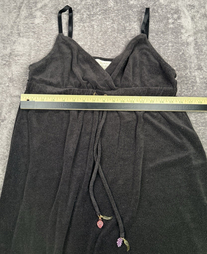 Womens Black Terry Cloth Swim Cover Up Dress Spaghetti Strap Fruit Charms