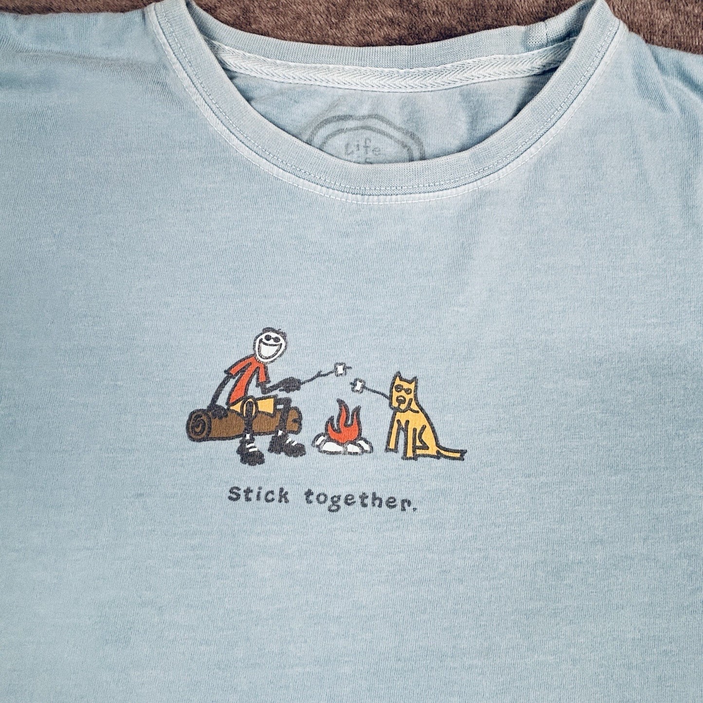 Life is Good Stick Together Long Sleeve T-Shirt Blue Campfire Dog Cotton Tee