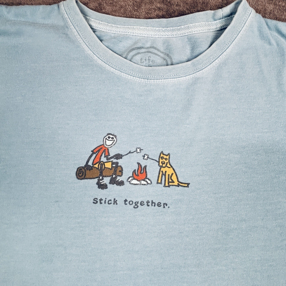 Life is Good Stick Together Long Sleeve T-Shirt Blue Campfire Dog Cotton Tee