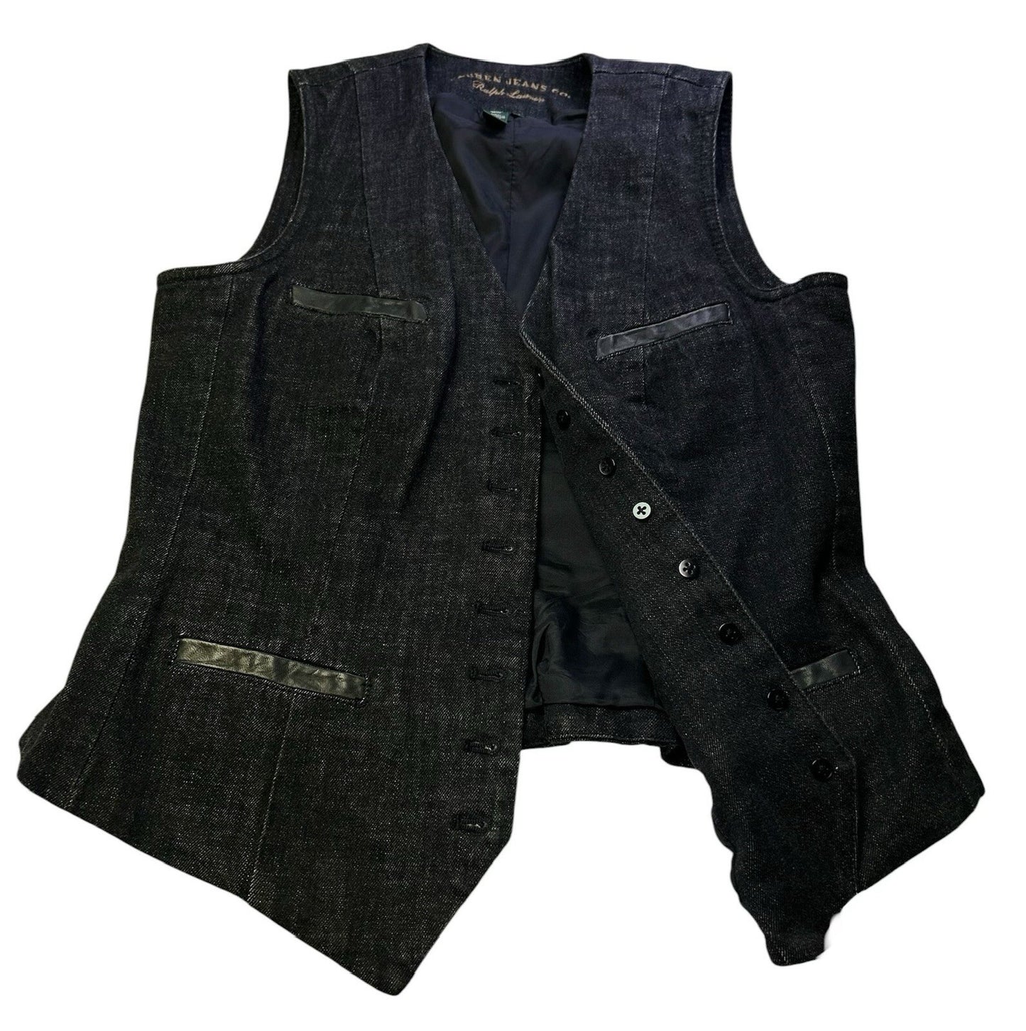 Ralph Lauren Jeans Co. Denim Vest Womens Medium Black Button Front Leather Trim