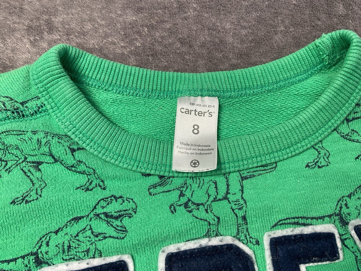 Carter's Boys T-Rex Dinosaur Sweatshirt Green Pullover Crewneck Size 8