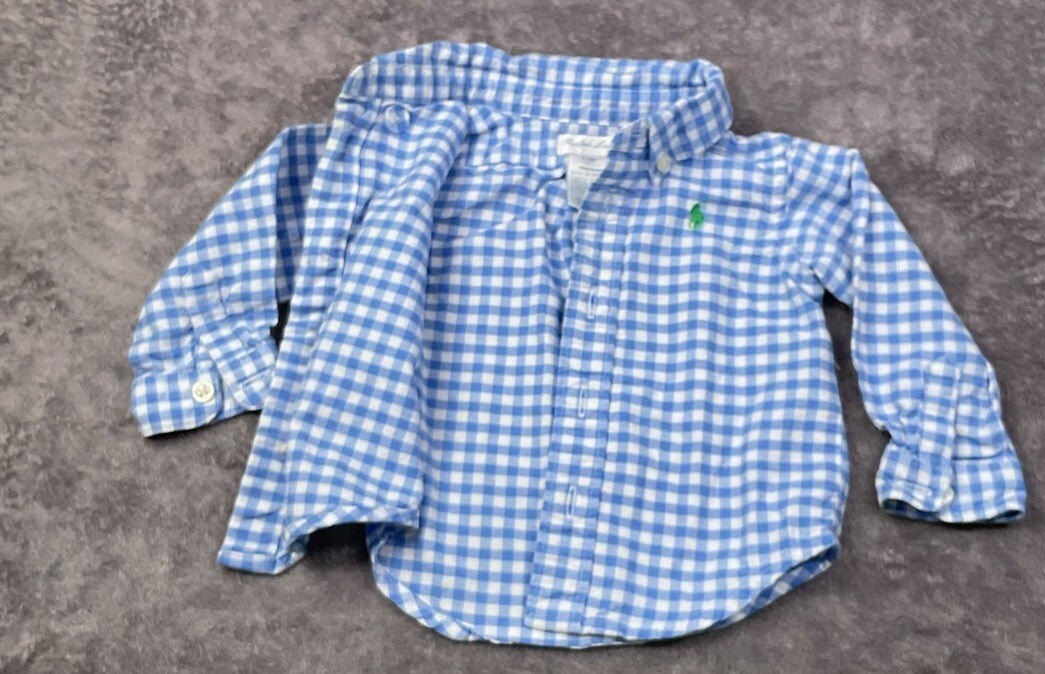 Ralph Lauren Baby Boys 3M Blue White Gingham Button Down Shirt Pony Logo 100% Co