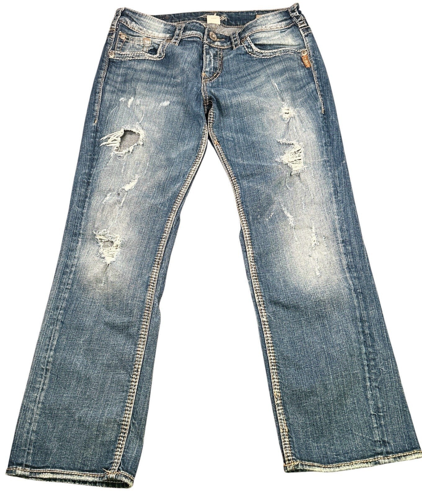 Silver Jeans Sam Womens 28 Low Rise Distressed Bootcut Jeans Medium Wash