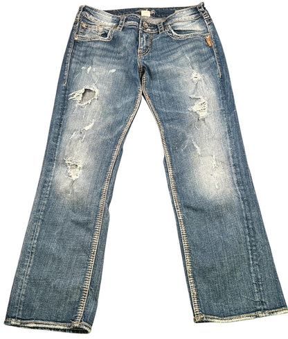 Silver Jeans Sam Womens 28 Low Rise Distressed Bootcut Jeans Medium Wash