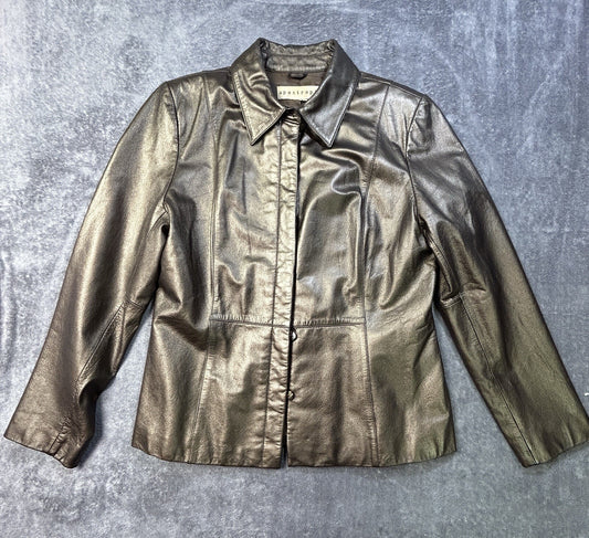 Apostrophe Metallic Leather Button Front Jacket Bronze