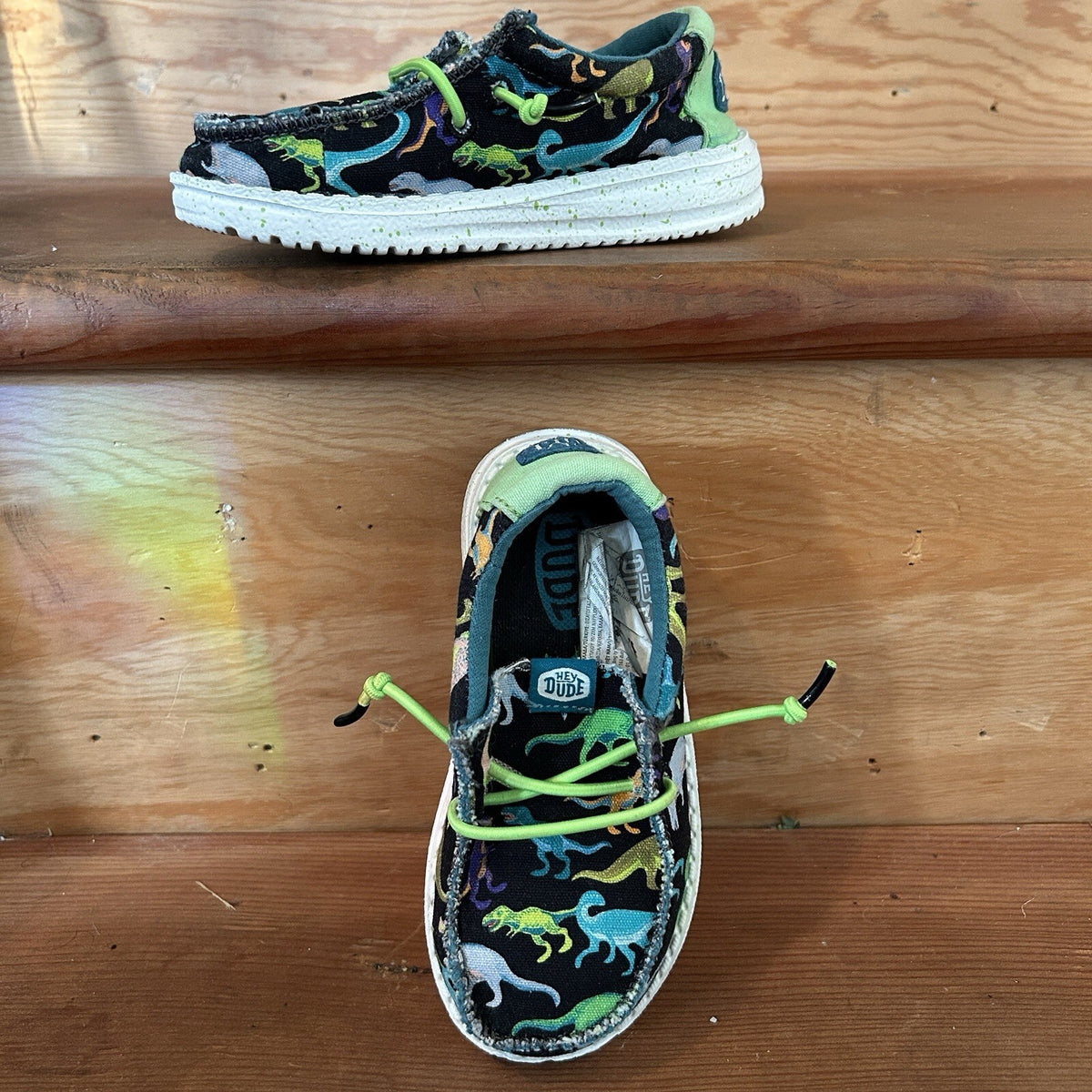 Hey Dude Wally Toddler C8 Dinosaur Shoes Black Multicolor Green Bungee Lace