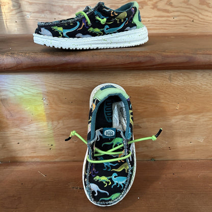 Hey Dude Wally Toddler C8 Dinosaur Shoes Black Multicolor Green Bungee Lace