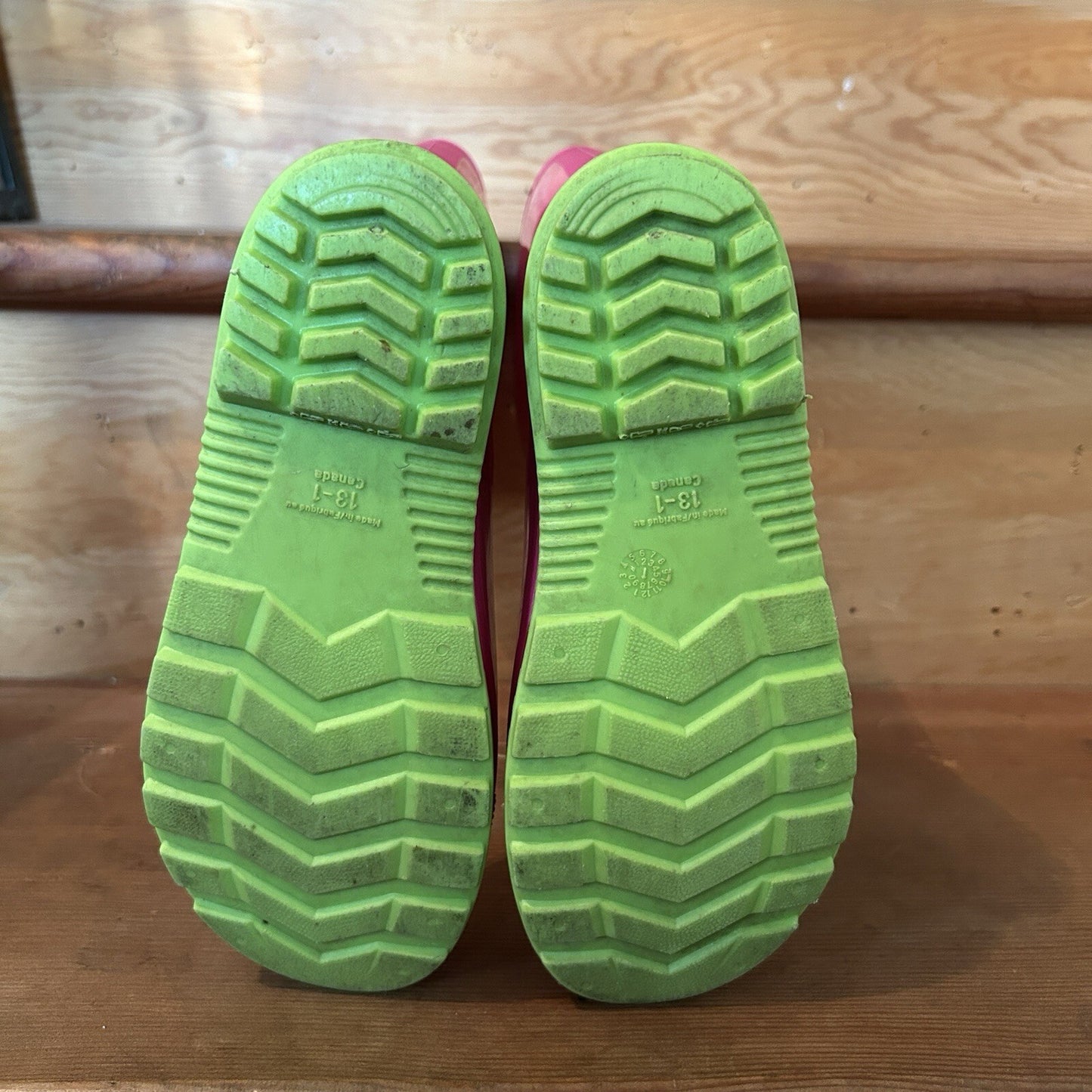Kids Pink Green Rubber Rain Boots Size 13/1 Waterproof Made in Canada