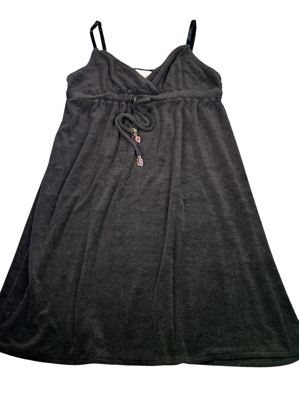 Womens Black Terry Cloth Swim Cover Up Dress Spaghetti Strap Fruit Charms