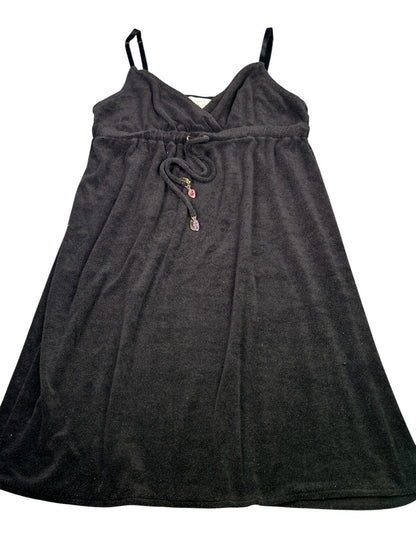 Womens Black Terry Cloth Swim Cover Up Dress Spaghetti Strap Fruit Charms