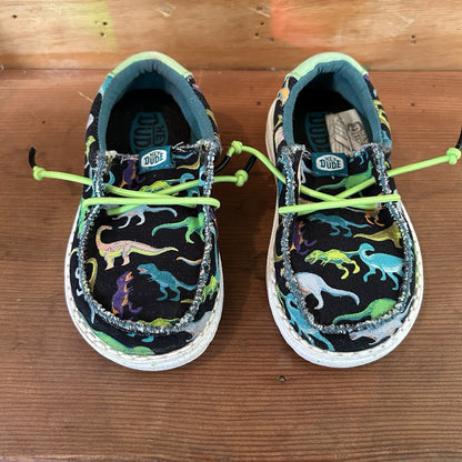 Hey Dude Wally Toddler C8 Dinosaur Shoes Black Multicolor Green Bungee Lace