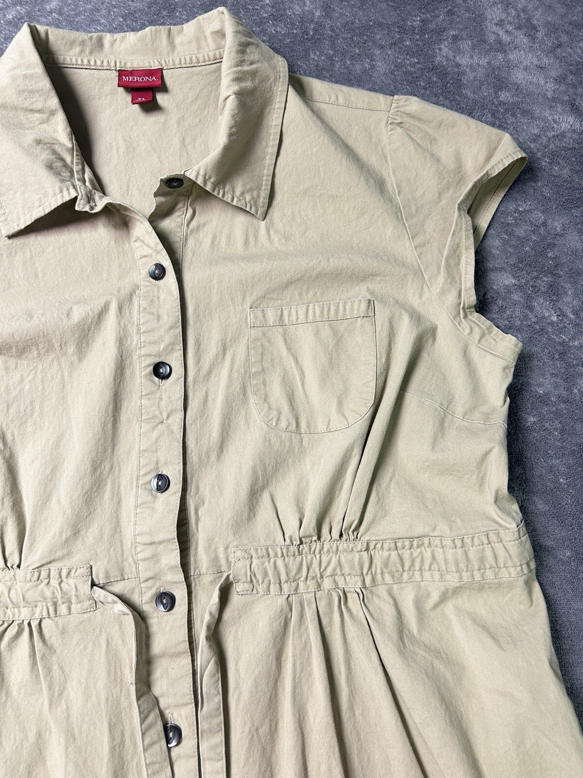 Merona Women’s XL Khaki Button Front Shirt Dress Tie Waist Pockets