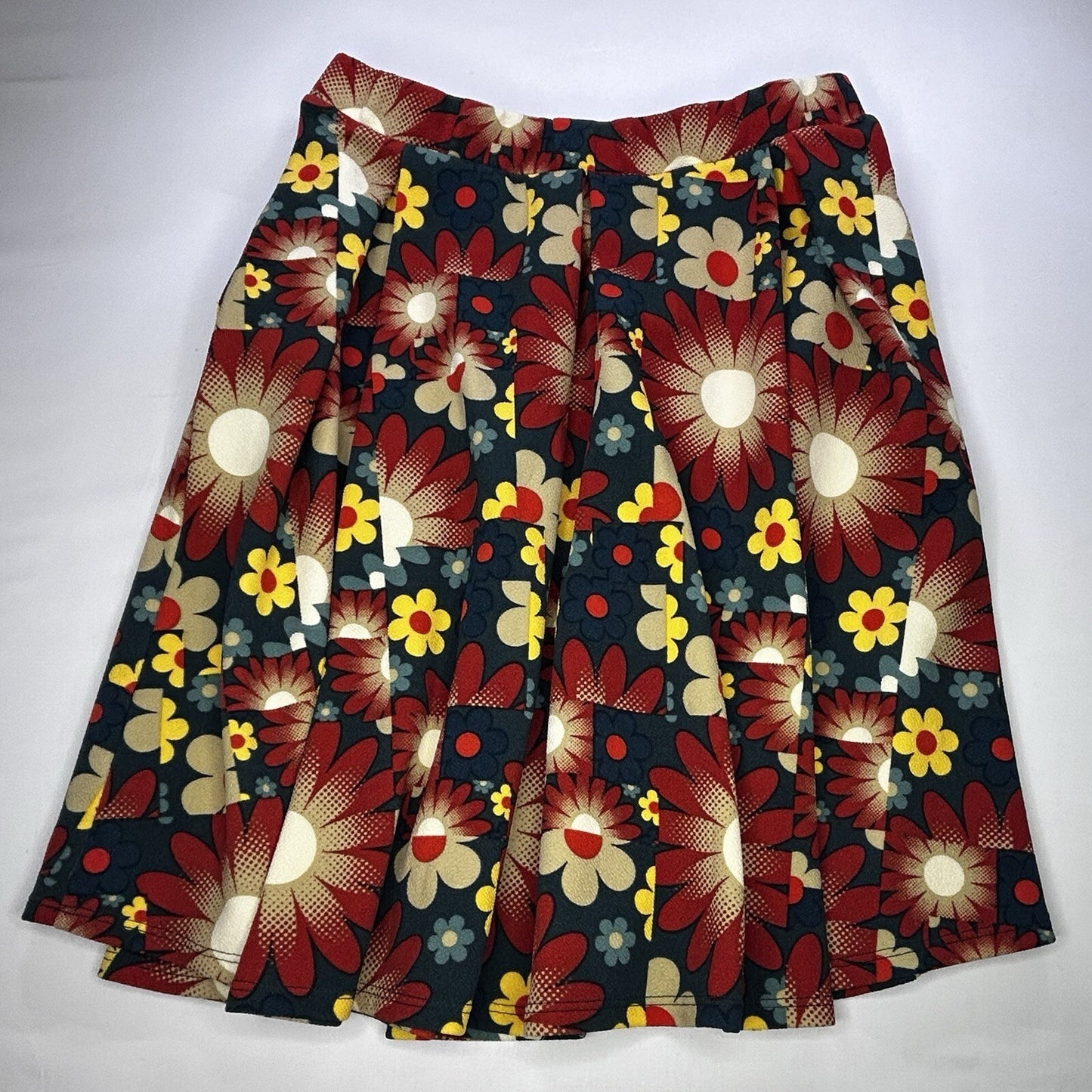 LuLaRoe Women's Large Floral Skirt Retro Red Blue Yellow Stretch A-Line Pull On