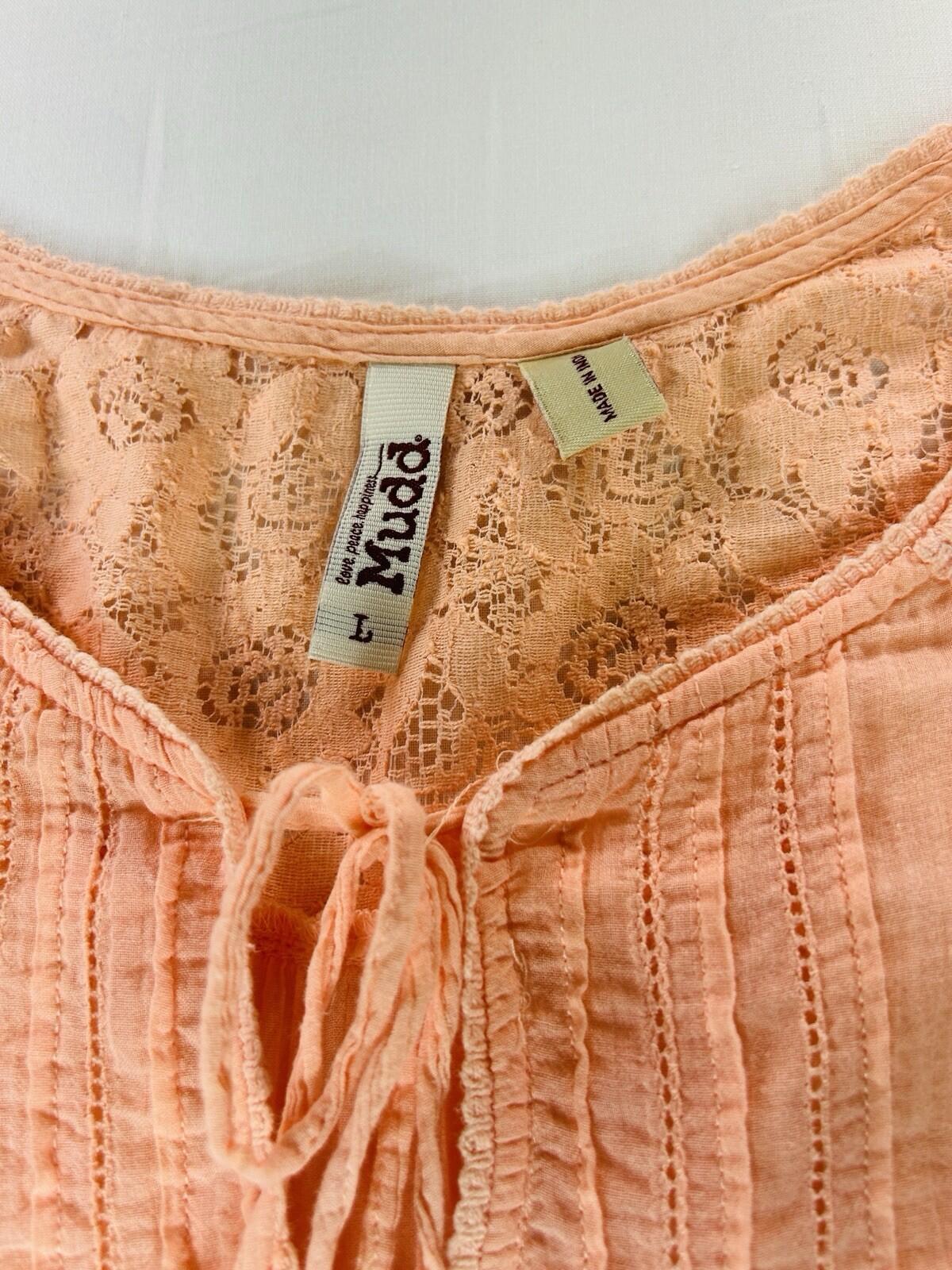 Mudd Womens Large Peach Boho Peasant Blouse Lace 3/4 Sleeve Cotton Top
