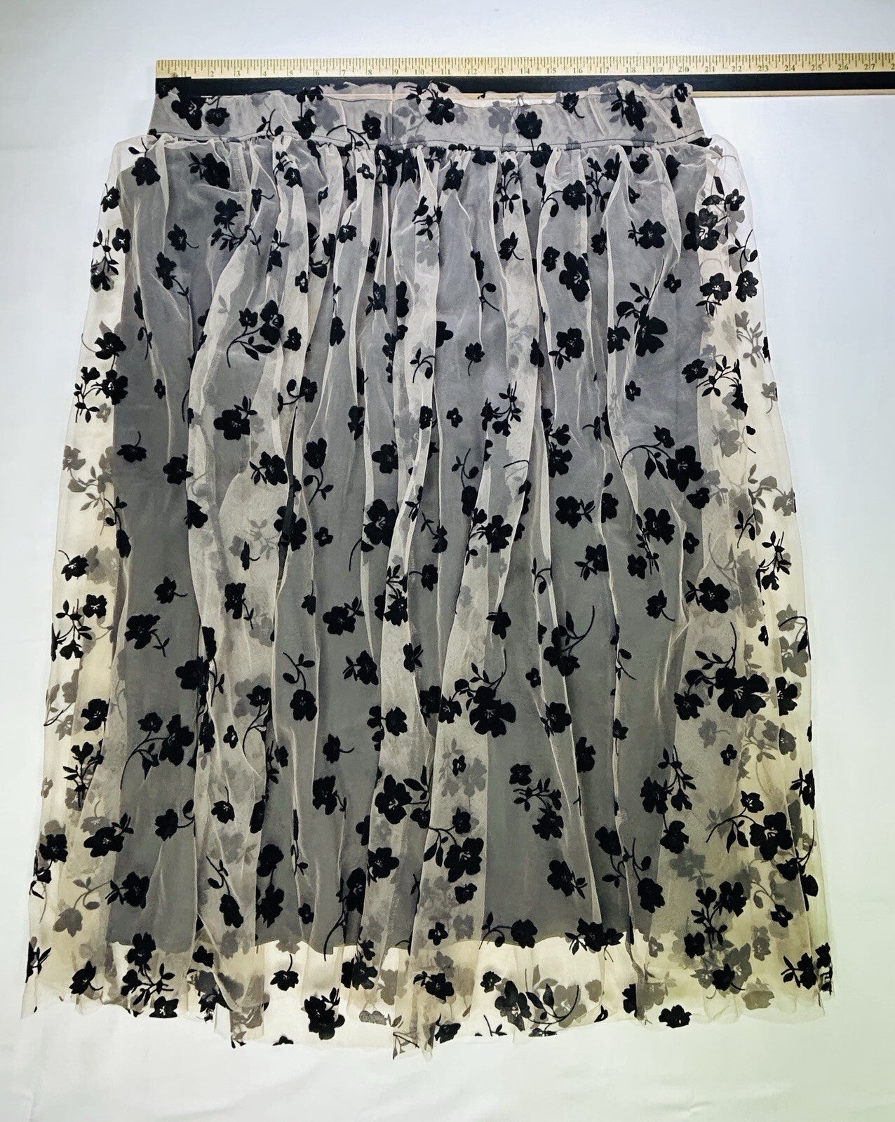 Cato Women's 22/24W Black Floral Mesh Tulle Midi Skirt Plus Size Layered Pull On
