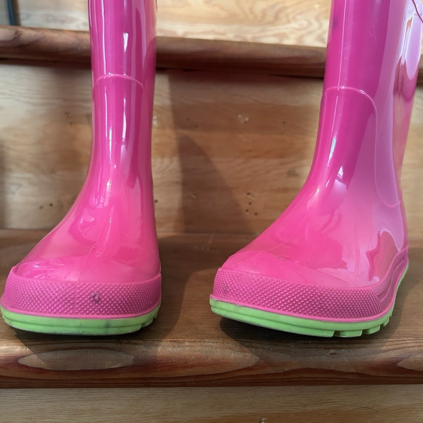 Kids Pink Green Rubber Rain Boots Size 13/1 Waterproof Made in Canada
