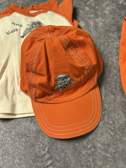Gymboree Boys 3 Pc Outfit Set 12-24M Robot Shirt Pants Hat Orange Toddler