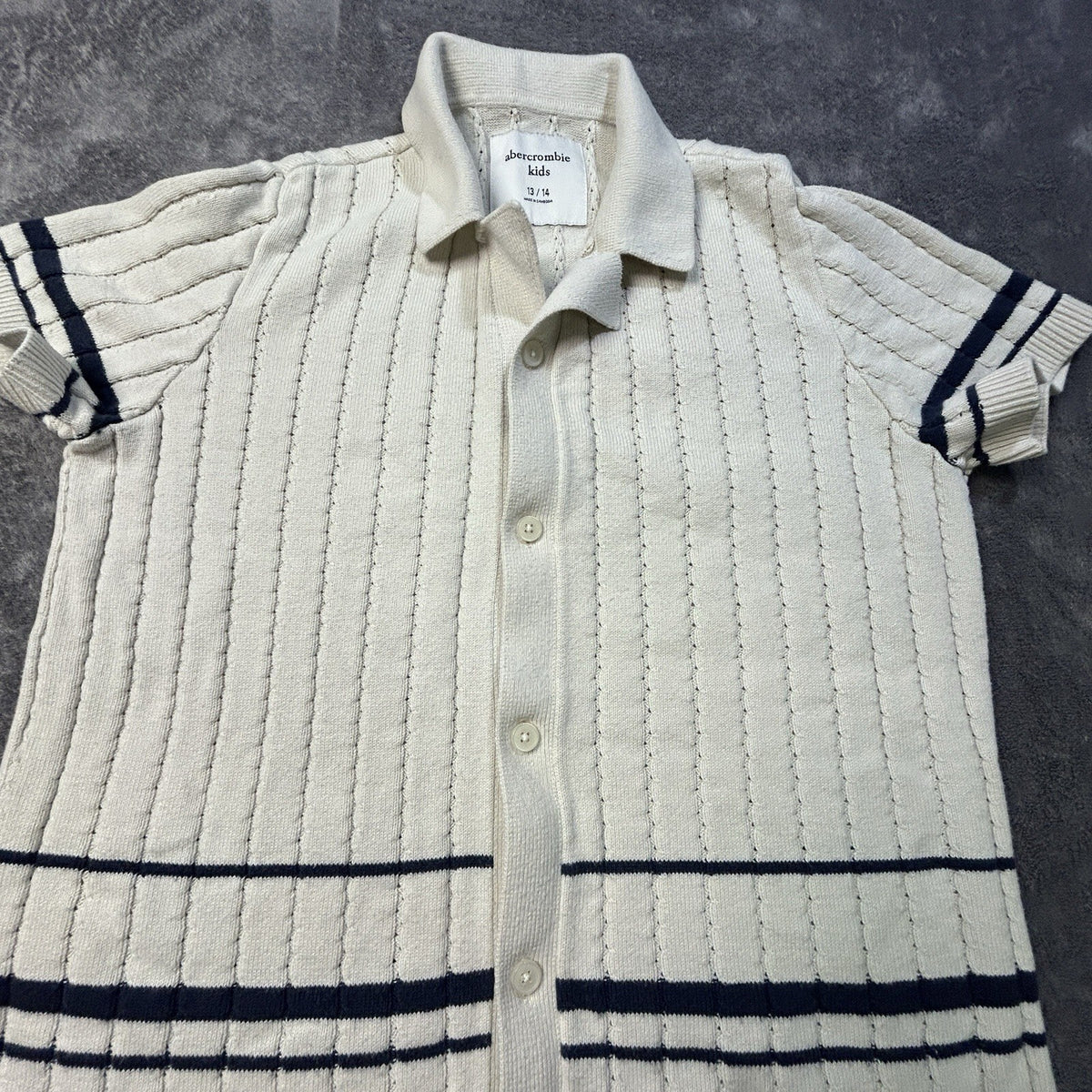 Abercrombie Kids Short Sleeve Striped Knit Polo Cream 13/14