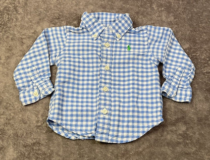 Ralph Lauren Baby Boys 3M Blue White Gingham Button Down Shirt Pony Logo 100% Co