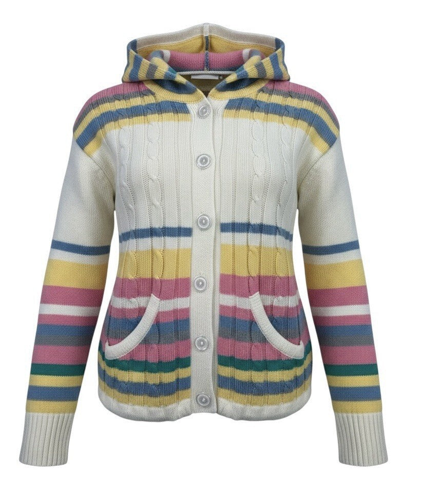 Women's Hooded Cable Knit Cardigan Sweater Pastel Stripe Button Front Pockets