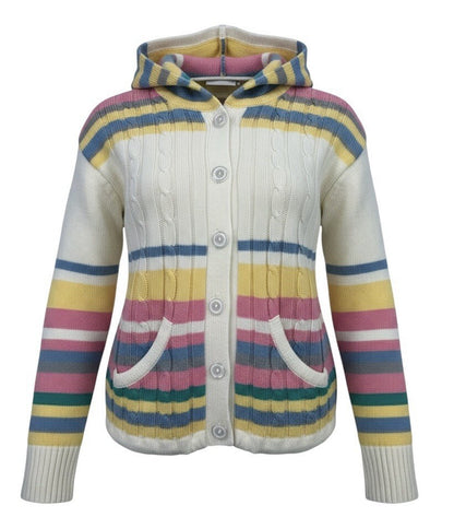 Women's Hooded Cable Knit Cardigan Sweater Pastel Stripe Button Front Pockets