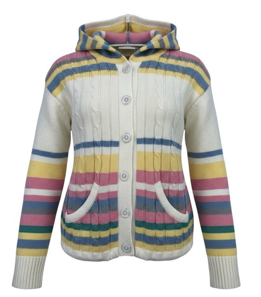Women's Hooded Cable Knit Cardigan Sweater Pastel Stripe Button Front Pockets