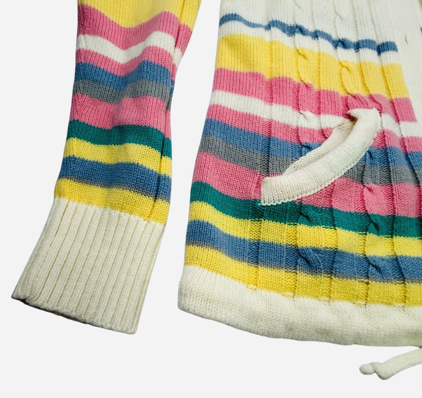 Women's Hooded Cable Knit Cardigan Sweater Pastel Stripe Button Front Pockets