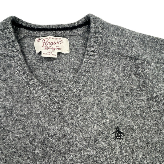 Original Penguin 100% Lambswool Gray V-Neck Sweater Men's Large Logo Soft