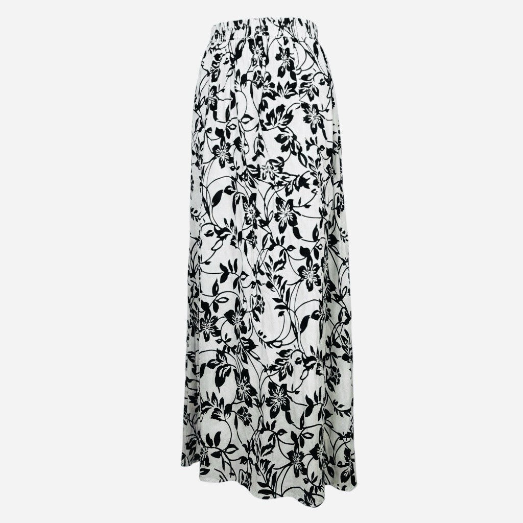 WD.NY Women's Black White Floral Maxi Skirt Size Large Rayon Pull On Boho