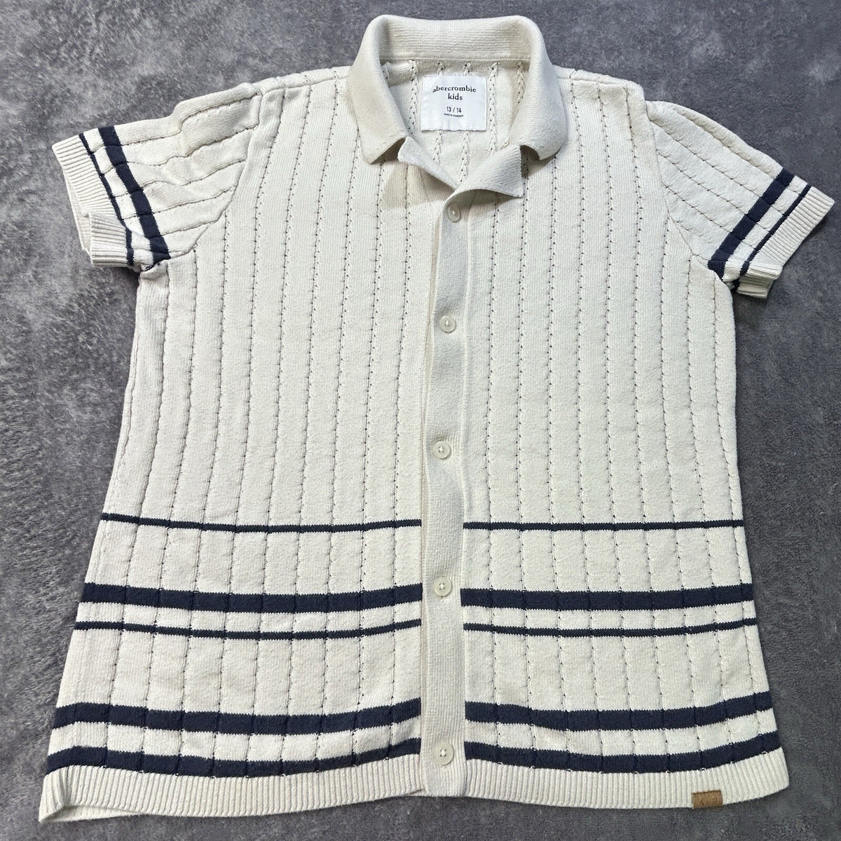 Abercrombie Kids Short Sleeve Striped Knit Polo Cream 13/14